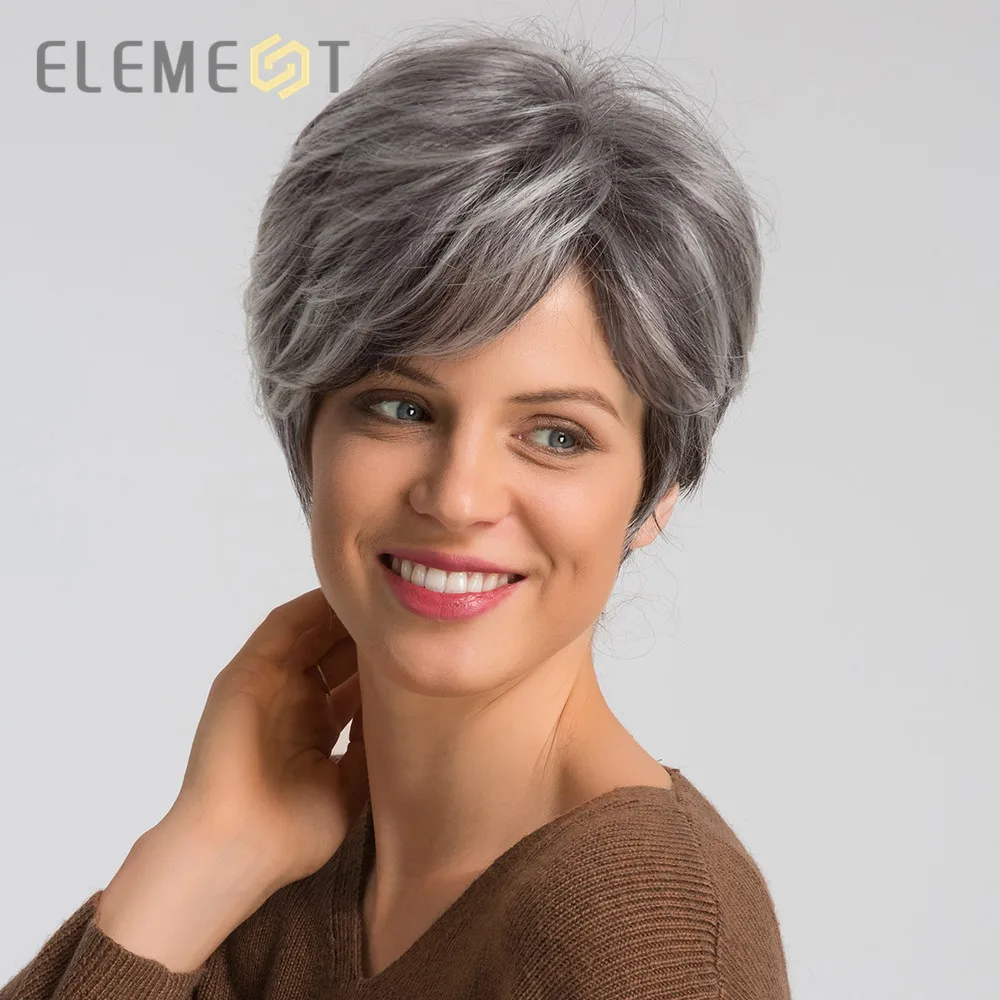 

Element Heat Resistant Synthetic Short Wig With Side Fringe 6 inch Glueless Full Wigs for Women Blend 50% Human Hair Gray Color
