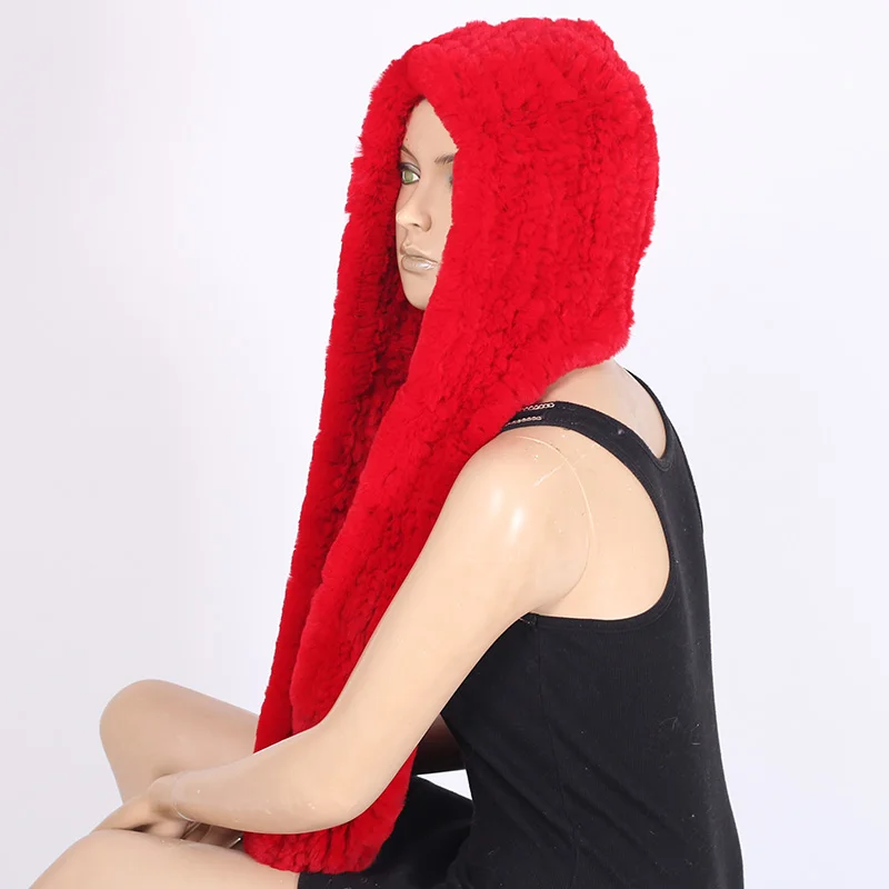 Кроличий вязаный теплый меховой головной шарф, воротник, капюшон, шарфы, шарф в русском стиле для женщин, зима, настоящий Рекс, шапка с настоящим мехом, шарф mz029 - Цвет: red