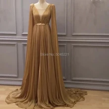 Длинное шифоновое вечернее платье золотого цвета,, кафтаны, Дубай, официальное вечернее платье с поясом, vestido de festa, длинное платье с v-образным вырезом, вечерние платья для выпускного вечера