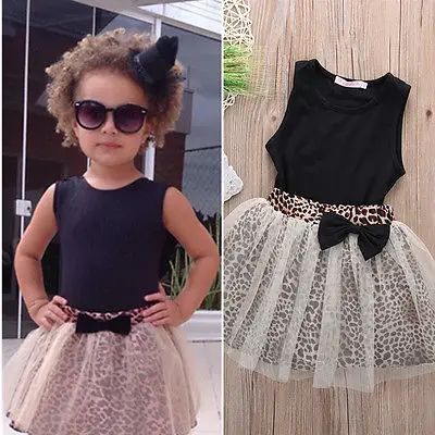 

Hot Kid Baby Girl Sleeveless Round Collar Top+Leopar Lace Dress 2Pcs Suit Outfit