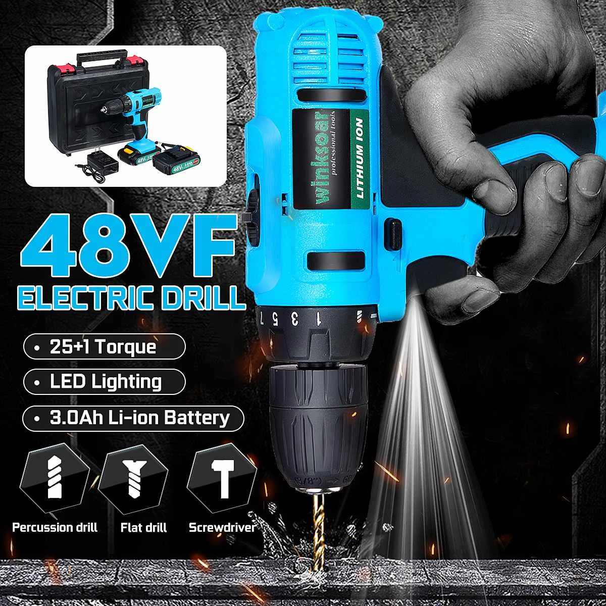 

21V 48VF 3000mAh Househeld Electric Drill Cordless Screwdriver Rechargeable Mini Impact Drill Power Tool 25+1 Torque 2 Speed