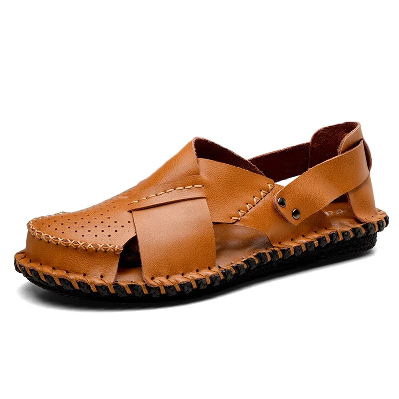 

Summer Men Leather Sandals Hand Made Sewing Men Casual Shoes Beach Slippers Breathable Shoes Large Size 38-44 Black Sandals