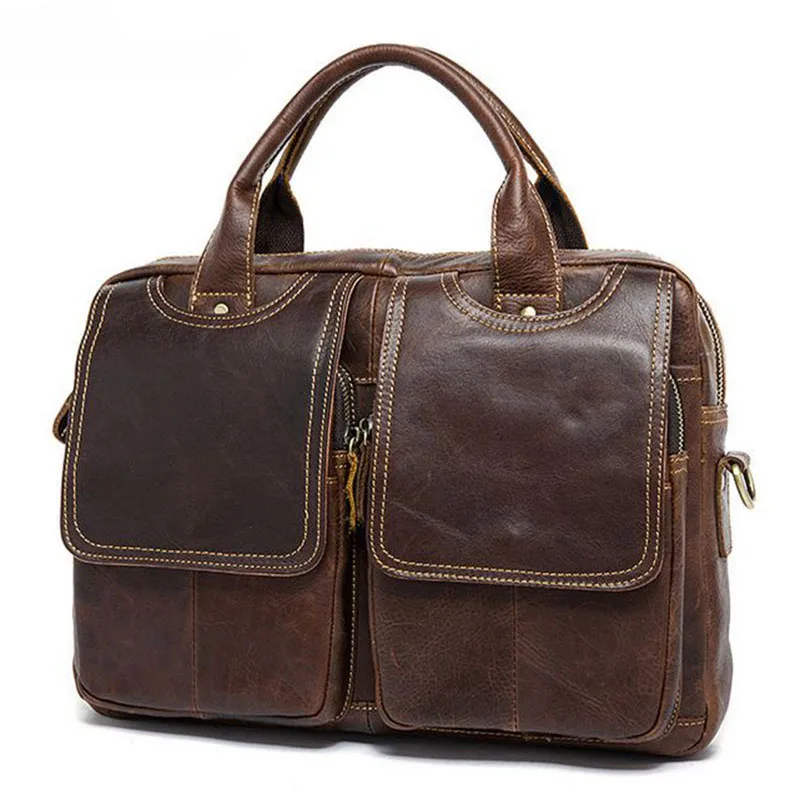 

100% Genuine Leather Handbag Men bag Briefcase Business Messenge bag Vintage Brown Coffee Cow Leather Laptop bag Men's Tote 2019