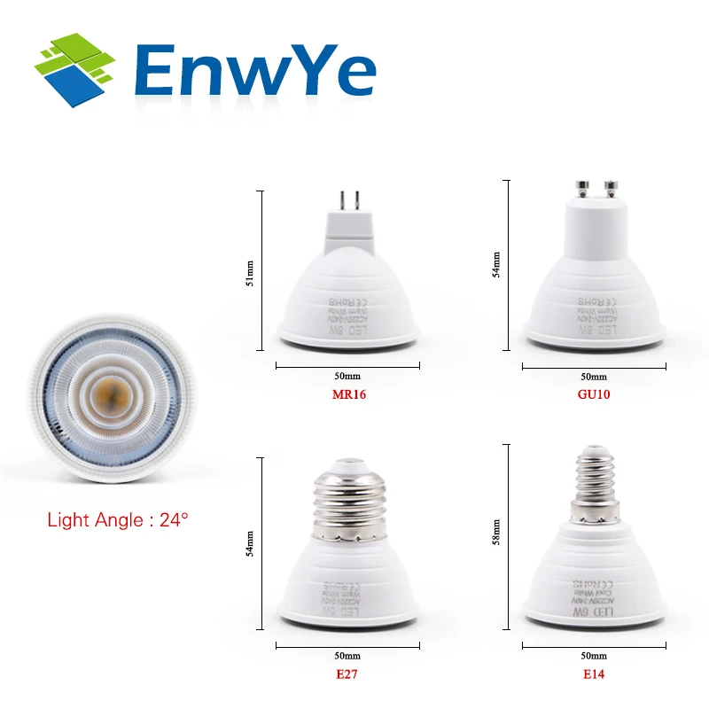EnwYe E27 E14 MR16 GU5.3 GU10 Lampada LED Bombilla 6 W 220 V Bombillas LED de la lámpara del proyector de lámpara de la luz del punto