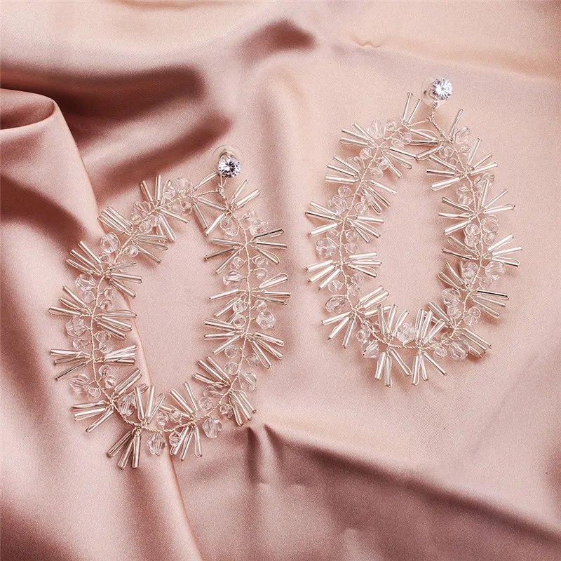 

Jonnafe Beaded Silver Color Bridal Big Drop Earrings Wedding Accessories Jewelry Handmade Crystal Women Earrings