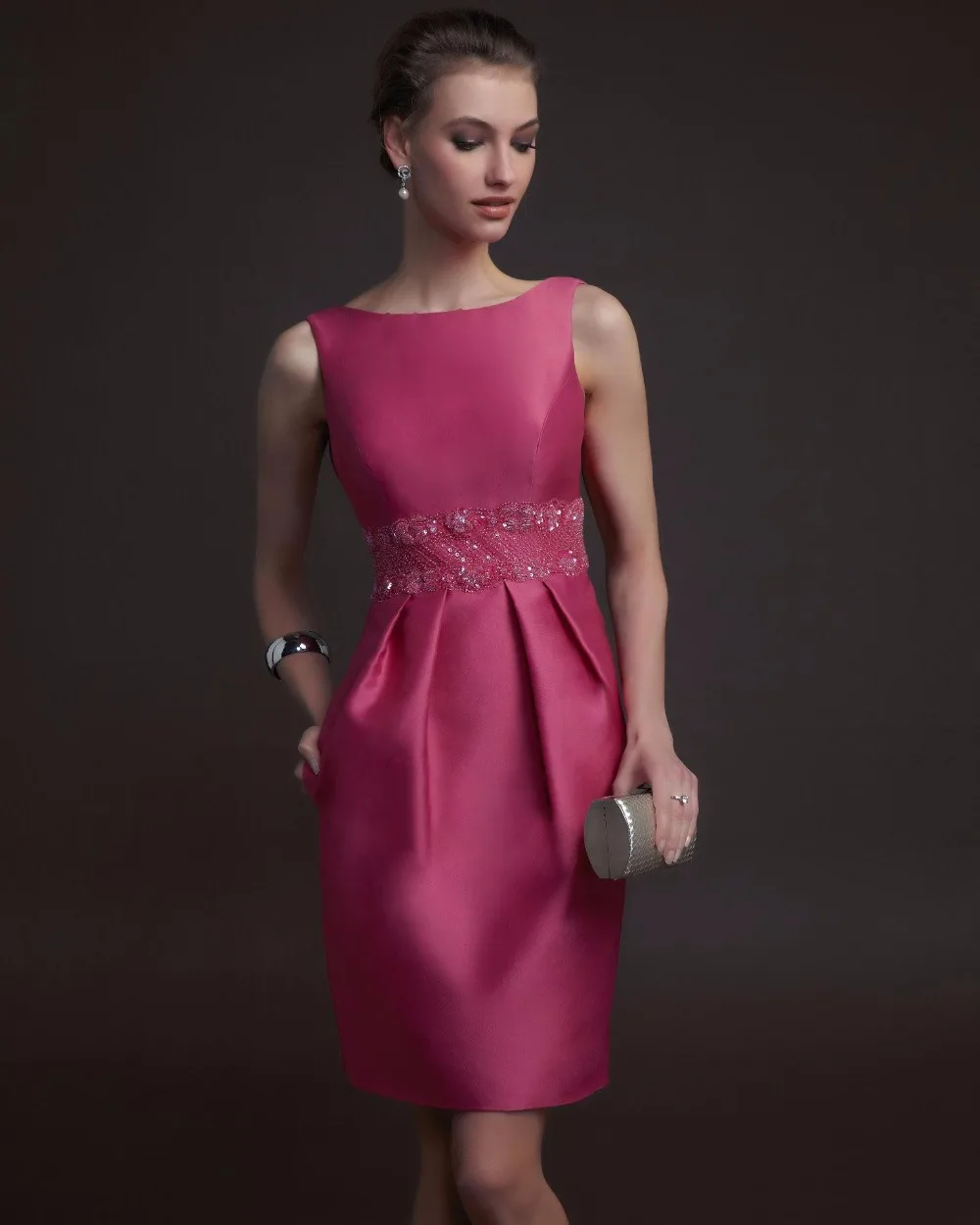 Open Back Prom Party Dresses Boat Neck Natural Waist With Silvery