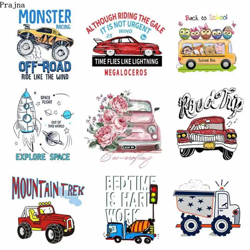 

Prajna Cartoon Cars Iron-On Transfers Flower Owls Stickers On Clothes TIME FLIES LIKE LIGHTING Letters For Clothing DIY T-shirts
