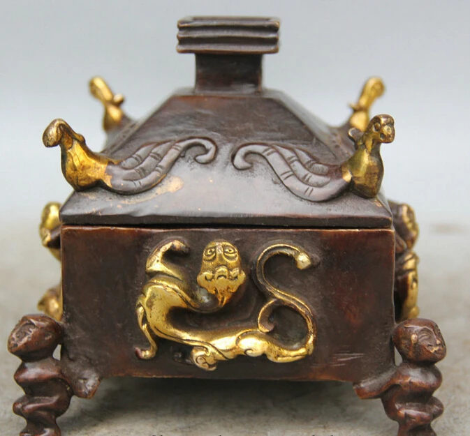 

JP S061 5" Marked Chinese Bronzr Gild 4 Foot Monkey Bird Beast Incense Burner Censer