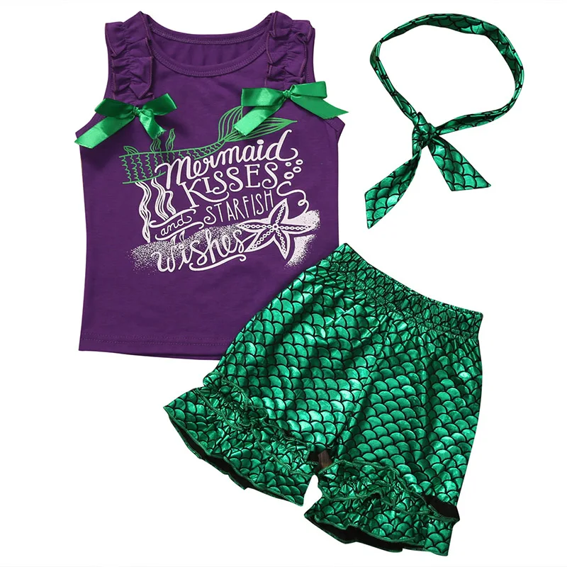 

2017 New Toddler Kids Clothes Set Baby Girls Mermaid Suit Sleeveless T-shirt Tops +Hot Pants Shorts 3PCS Outfit Children Clothes