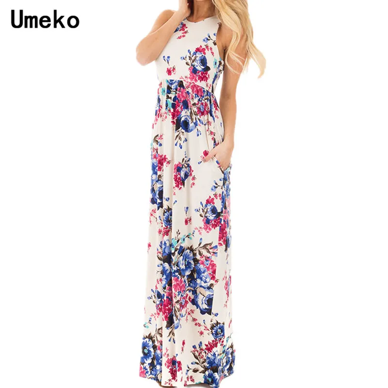 

Umeko Summer Dress Women Printed Floral Sleeveless Party Night Floor-Length Maxi Dress Casual Pockets O-Neck Long Dresses