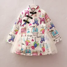 Детские платья для девочек китайский Стиль Платье для маленьких девочек новые милые принты на детскую тематику платье принцессы для девочек платье чонсам