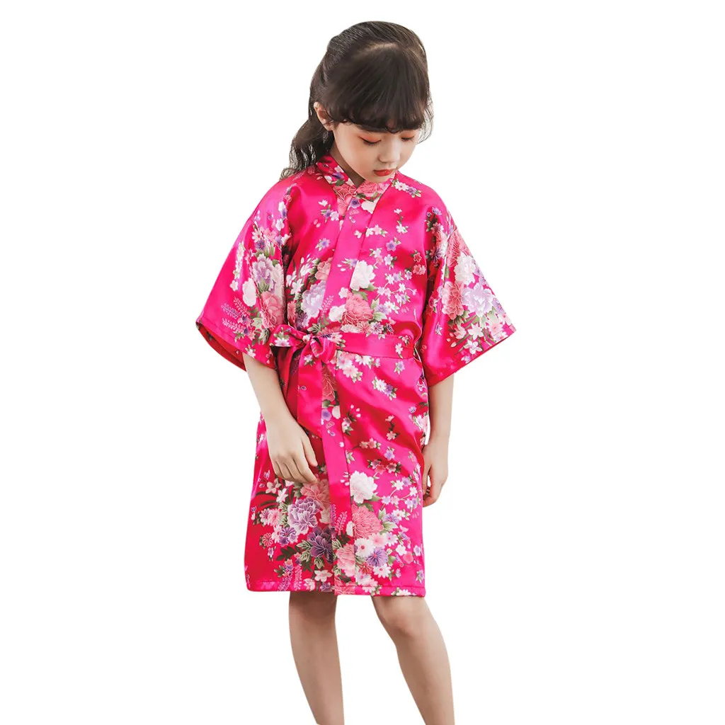 Халат для девочек, предназначенное для ребенка ясельного возраста с цветочным рисунком шелк атласное кимоно; наряд, одежда для сна, одежда Детский банный халат модное летнее