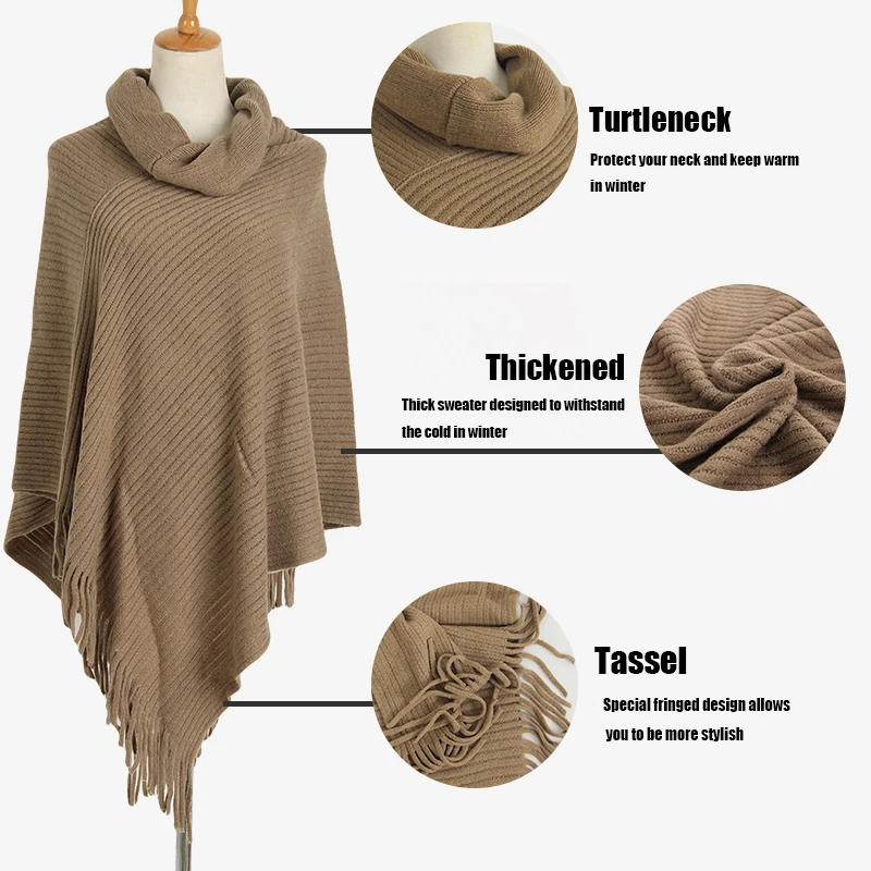 2017 Winter Poncho Women Casual Turtleneck Thick Sweater Batwing Shawl Cape Pullover Knitted Jumper Fashion Striped Sleeveless