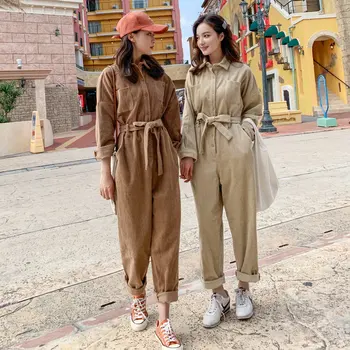 

2019 New Casual Jumpsuits Women Corduroy Rompers Long Sleeved Pockets Button Solid Pink Brown Khaki