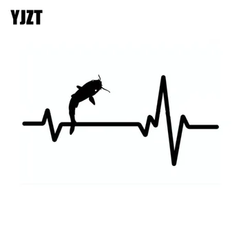 

YJZT 13.4cm*6.2cm Heart Beat Line FISHING FISH CATFISH Vinyl Car-styling Car Sticker Decal Black Silver C11-0231