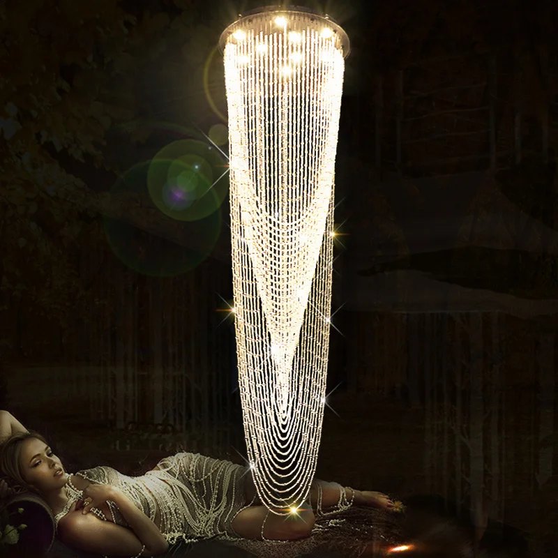 

Modern double staircase LED chandelier crystal hanging line lights staircase crystal large long hanging lights Clubhouse SJ13