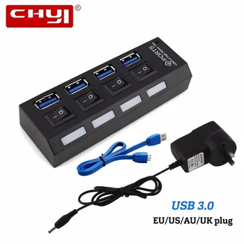 

CHYI USB 3.0 HUB 4 Ports Splitter With LED ON/OFF Switch USB3.0 Cable AU/EU/US/UK External Power Adapter For PC Laptop Computer