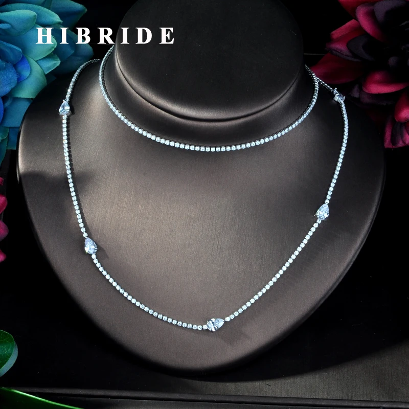

HIBRIDE Luxury Brilliant Small Size Cubic Zircon Double Link Sweater Chain Necklace For Women Wedding Accessories N-788