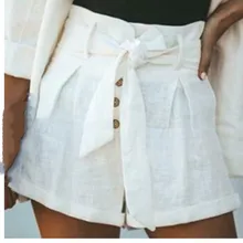 Летние льняные Шорты повседневные женские шорты трапециевидной формы с высокой талией тонкая на кнопках пояс галстук шорты Feminino шикарные женские трусы W3