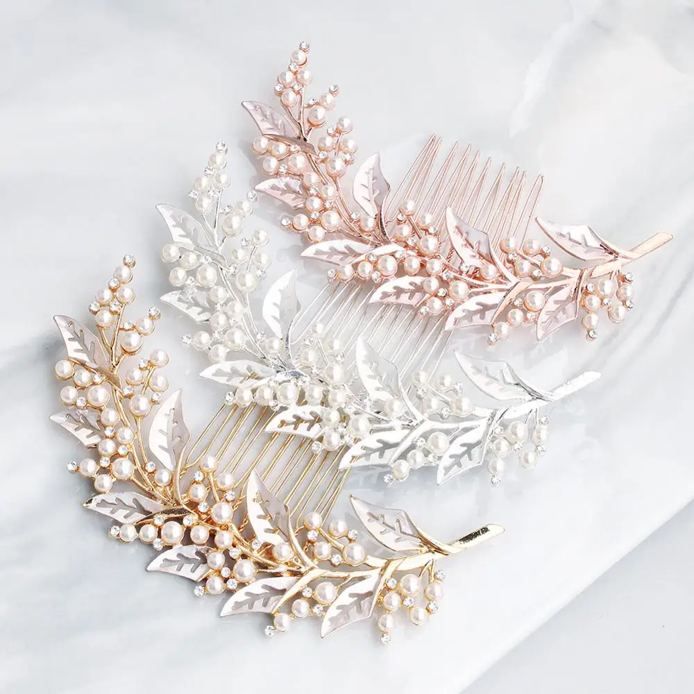 

Fashion Rose Gold Wedding Hair Comb Pearls Bridal Prom Wedding Accessories Ladies Rhinestone Headpiece Hairpin for Bride