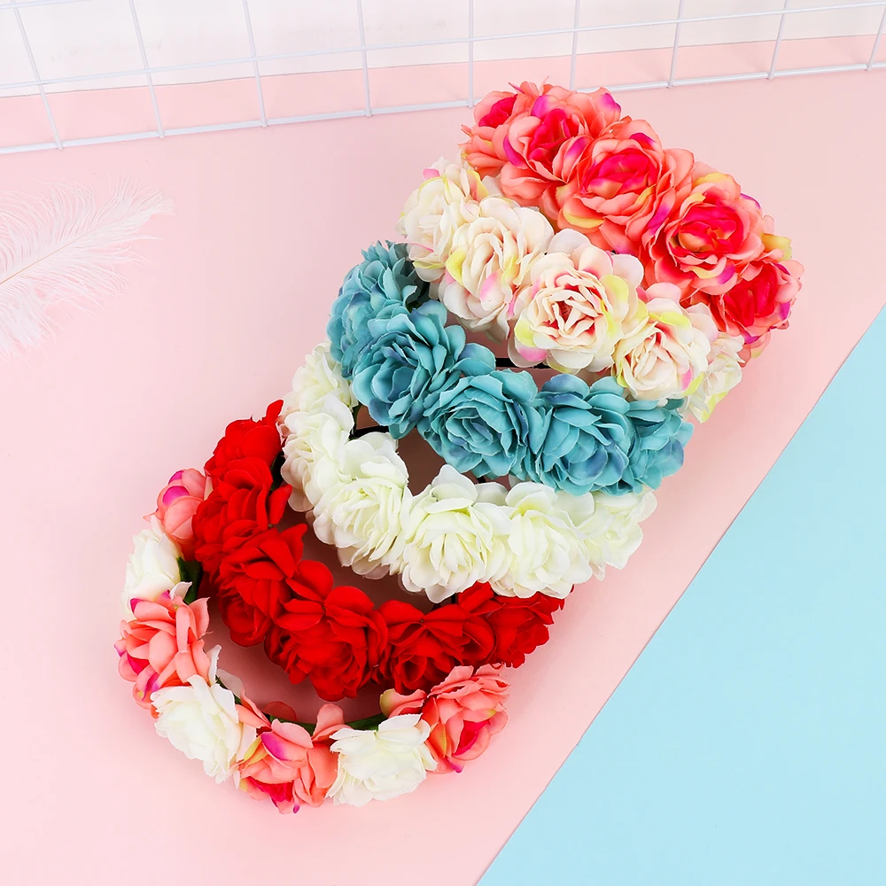 New Fashion Women Bride Flowers Headband Mexican Style Rose Flower Crown Hairband Ladies Elastic Beach Hair Accessories Headband types of hair clips