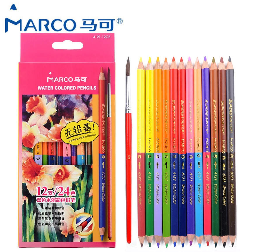

Marco 12pcs 24colors Watercolor Colored Pencils with Brush Profissional Water Soluble Color Pencil For Drawing