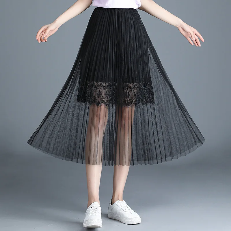 1617 Двухслойная юбка из тюля с высокой талией для взрослых женщин миди плиссированная юбка костюм летние сетчатые сексуальные женские юбки элегантные черные розовые