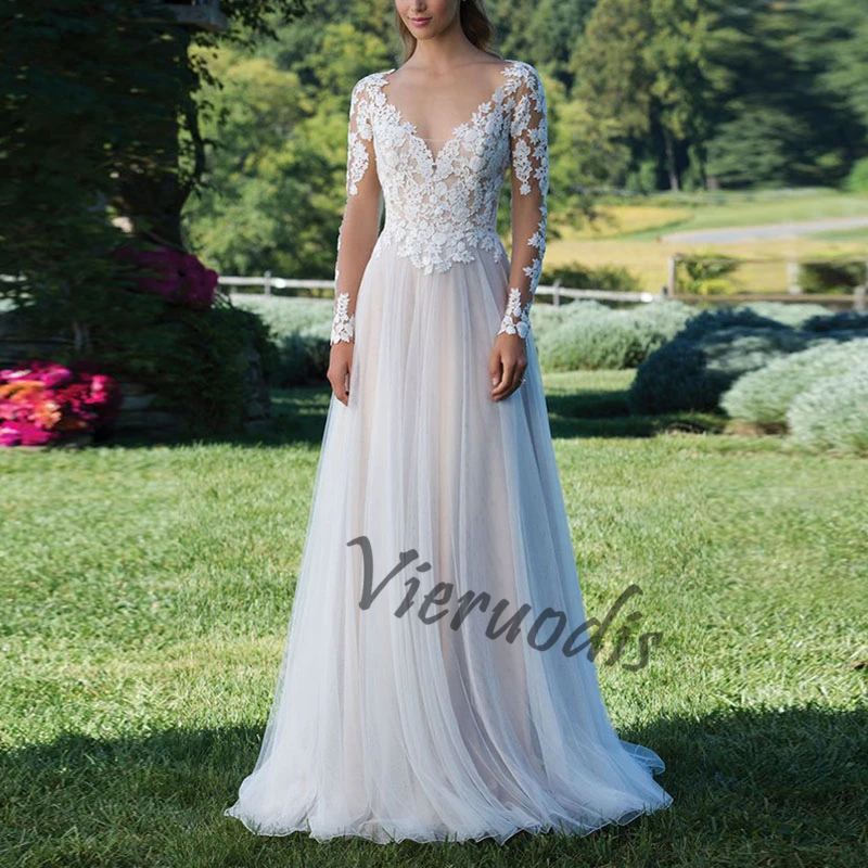 10-1            Long Sleeves Boho Wedding Dress 2019 Backless Floor Length Appliques Lace A Line Tulle Vintage Bride Dress Wedding Gown