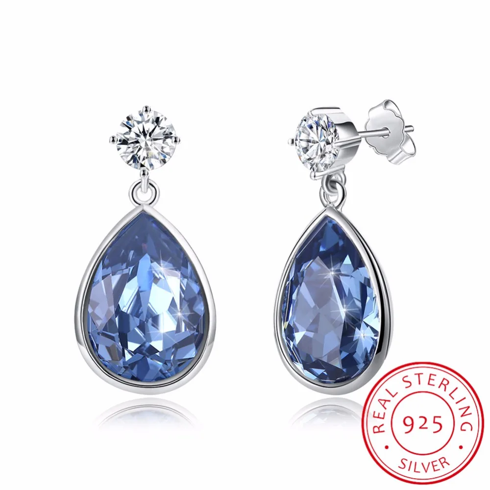 

LEKANI Fashion Jewelry Water Drop Blue Crystal From Swarovski Stud Earring Real S925 Sterling Silver Earrings for Women Gift