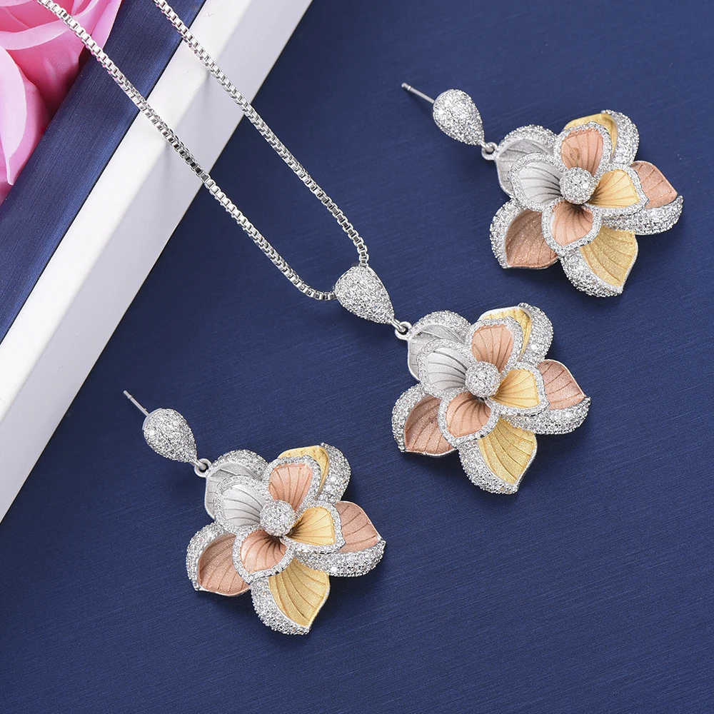 

2 PCS Indian jewelry sets Flower Pendant Necklace Stud Earrings Jewelry Sets For Nigerian Women Wedding Engagement pendientes
