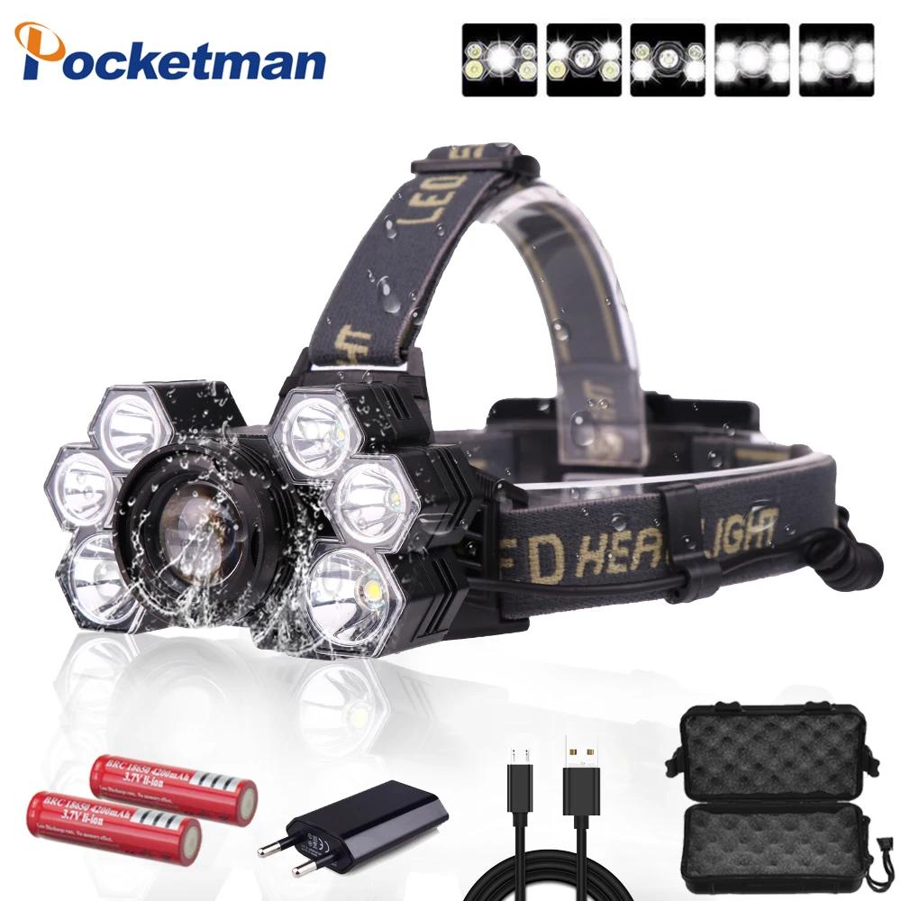 

60000ml Headlamp 3*T6 +2*XPE LED Lamp 5-Mode Zoomable Headlight USB Charger Head Torch Fishing Camping Flashlight 18650 Battery