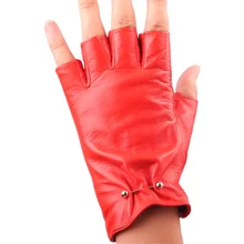 Autumn New Woman's Genuine Leather Gloves High Quality Sheepskin Metal Decoration Semi-Finger Driving Gloves Female  EL092NN-1