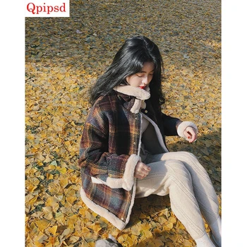 

New Autumn Winter Female Overcoat Houndstooth Pattern Thick Lambs Wool Jacket Female Korean Plus Cotton Jacket Wild Short Coat