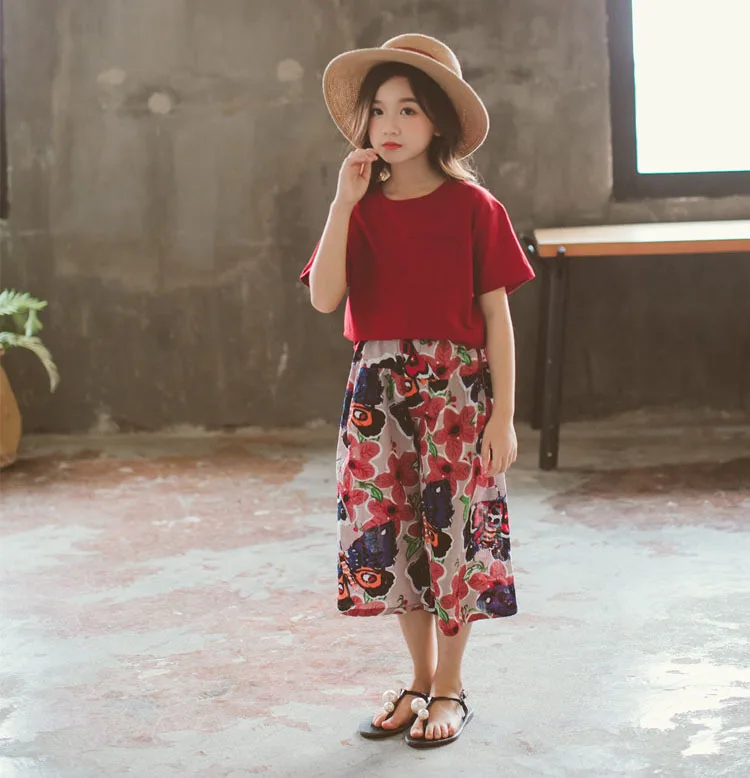 Summer 2019 Toddler Girl Clothes Kids 2 Pcs Solid T Shirt & Print Floral Knee Length Pants Teenage Girls Clothing Children's Set (12).jpg