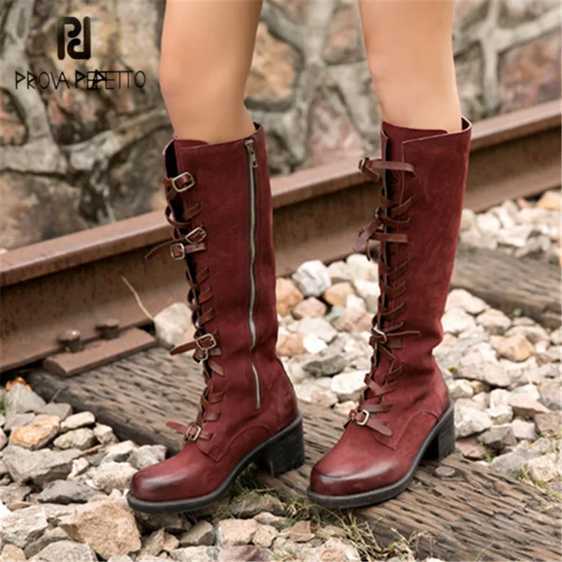 

Prova Perfetto Red Women Knee High Boots Handmade Riding Boot Female Autumn Winter High Heel Boots Straps Platform Rubber Shoes
