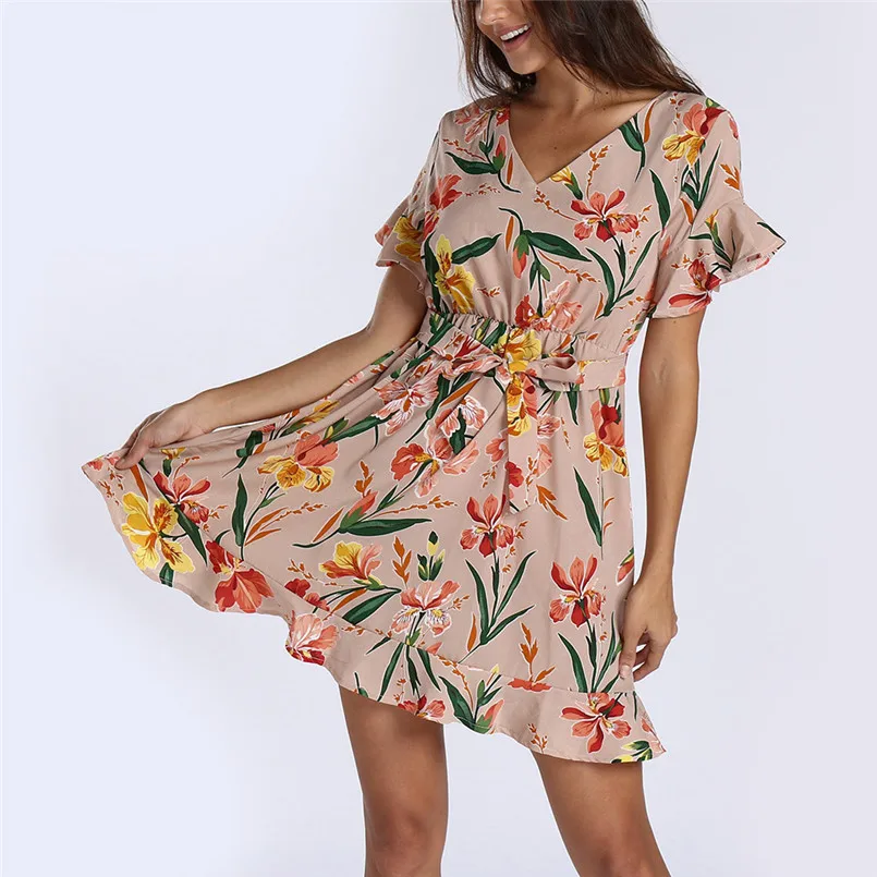 Fashion Women's Short Sleeve Floral Midi Dress Summer Party Maxi Beach