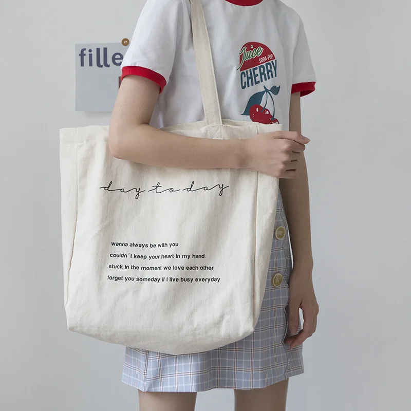 Women Canvas Shoulder Bag Day To Day Letters Print Daily Shopping Bags Students Books Bag Cotton Cloth Handbags Tote For Girls