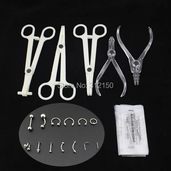 

Free Shipping Body Piercing Kit Set Eyebrow Jewellery Labret Nipple Nose Studs Rings Tools Pliers Forceps Piercing Needles
