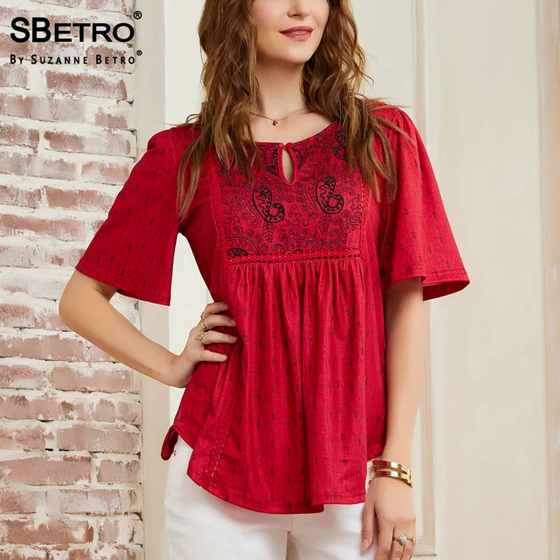 SBetro Bohemian Blouses Women Printed Knit Embroidered Elbow Length