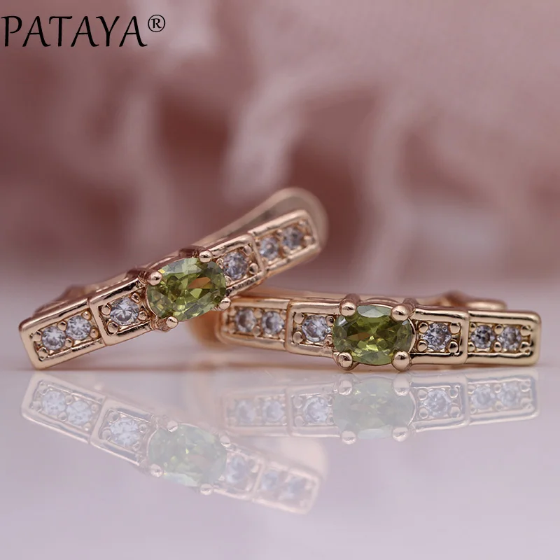 olive green Новые овальные зеленые серьги PATAYA, женские модные свадебные милые ювелирные украшения, 585 розовое золото, Разноцветные серьги с натуральным цирконием - Окраска металла: olive green