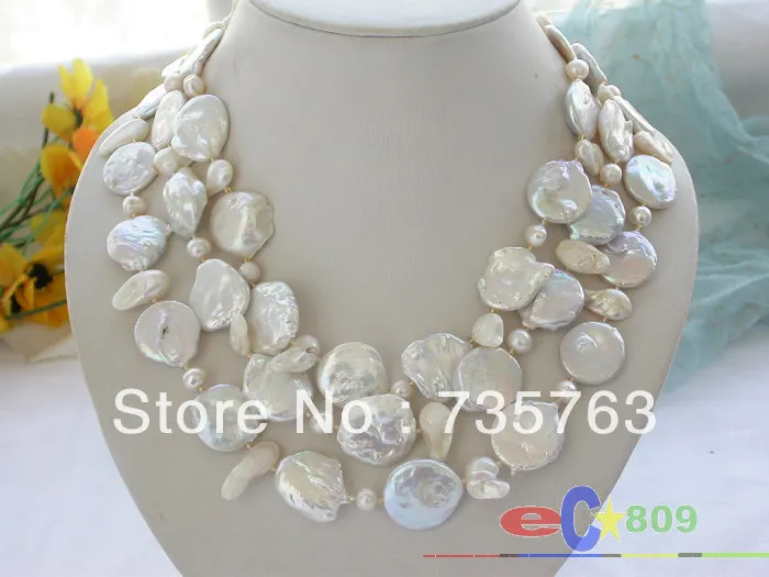 

NEW 3row 20mm white coin baroque freshwater cultured pearl necklace
