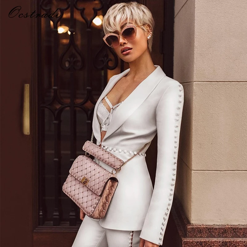 Ocstrade Sexy Pant Suits 2018 Elegant Formal White Sets Women's Suit Pants and Jacket Runway Fashion Ladies Pantsuit Costumes