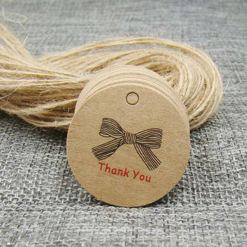 

2018 new 200pcs round kraft thank you tag +200pcs brown hemp string for products price tag goods decoration custom cost extra