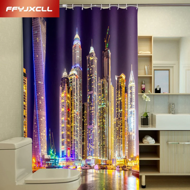 

2017 Custom City Night View Building Printing Polyester Fabric Waterproof Shower Curtain Eco-Friendly Creative Bathroom Curtain
