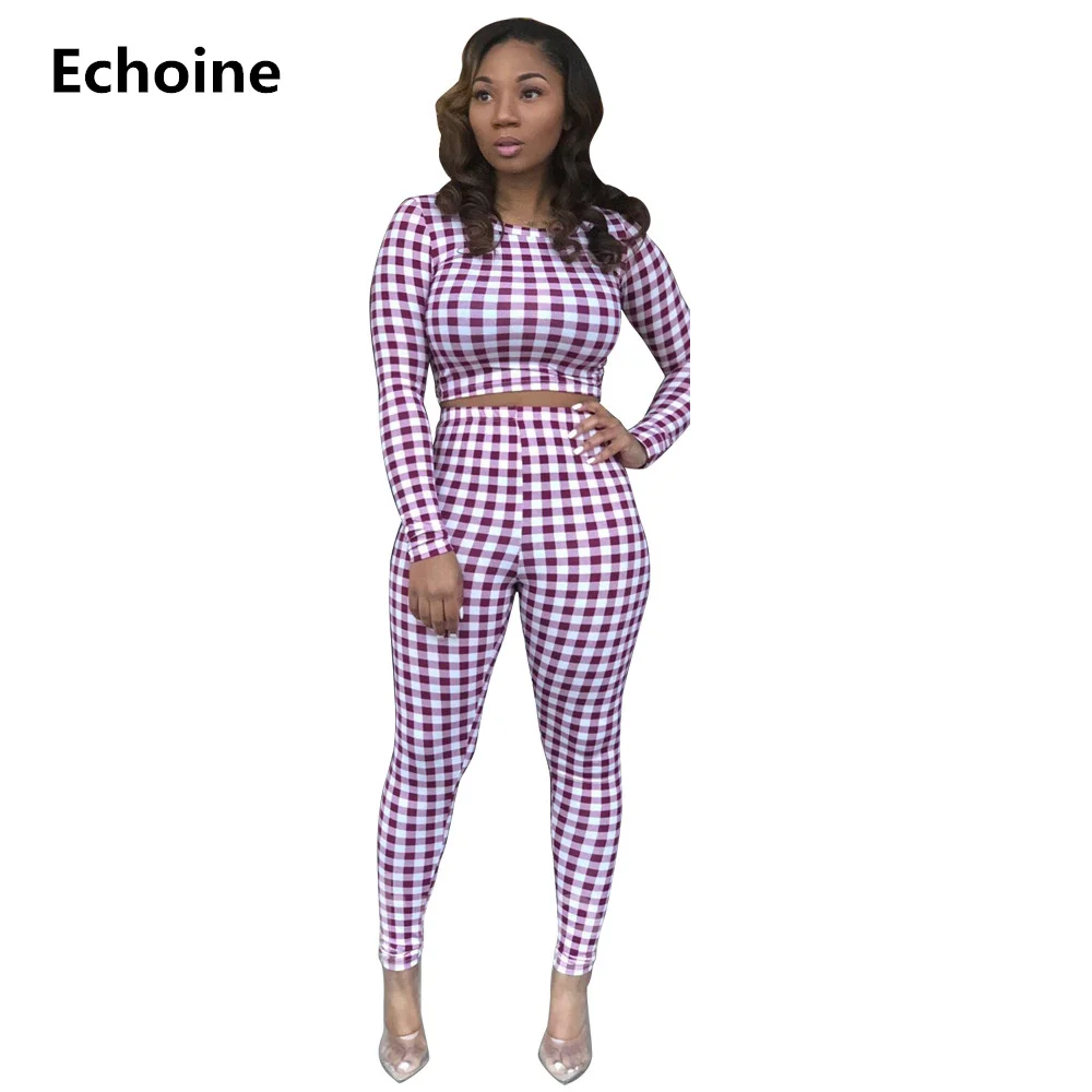 

Women Plaid 2 Piece Set Crop Top And Pants Slim Sheatrh Bodycon Club Outfit Streetwear Woman Pants Set Sexy Tracksuit Sportswear