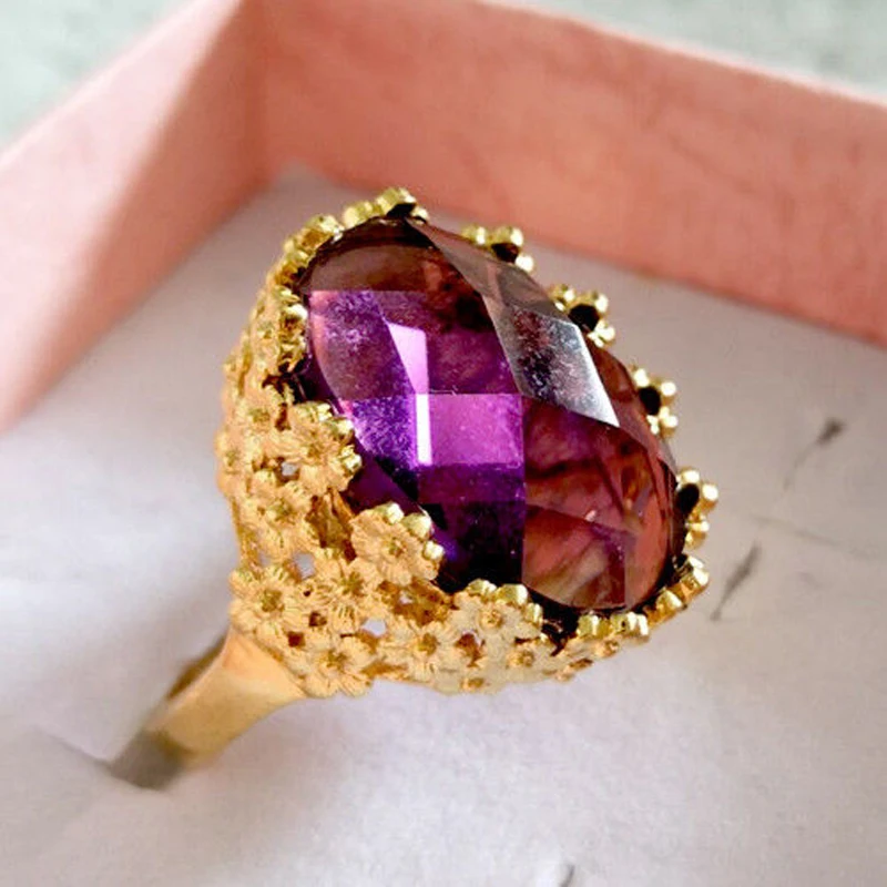 Royal Old Fashioned Chinese Green Jade Ring Women Crystal 24K Yellow