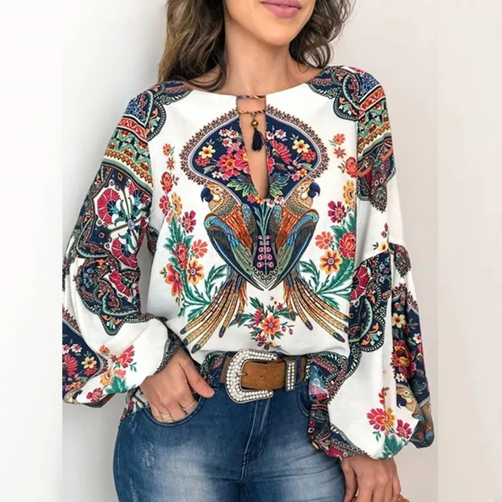

Glamaker Sexy boho print chiffon blouse shirt Women Long Latern Sleeve v neck elegant Female summer tops fashion Loose Blouse