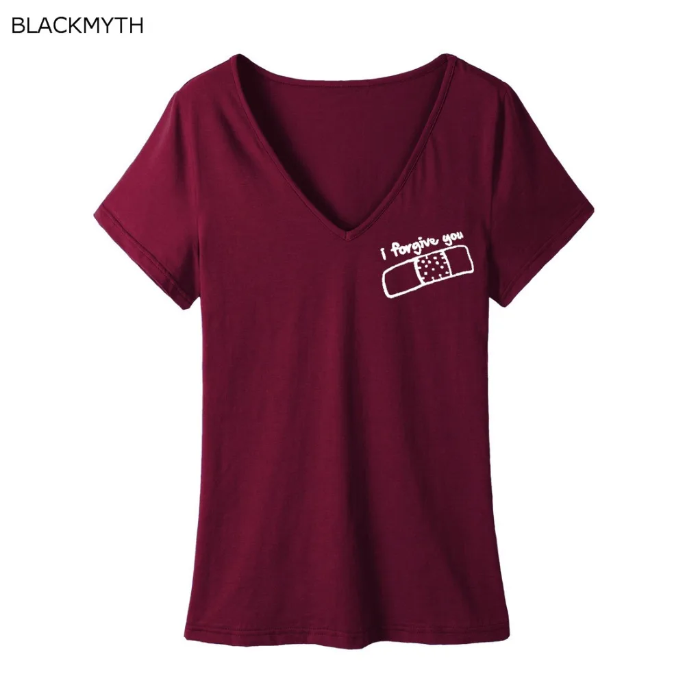 

BLACKMYTH Summer Lovely Girls T-shirt Plus Size Close Fitting V-neck Tops I forgive you Casual Short Sleeve Cotton T Shirt