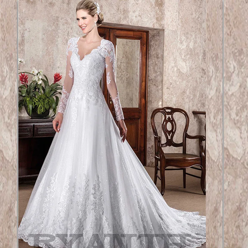 

Cheap Long Sleeves Vestido de noiva 2019 Custom Made V Neck Lace A Line Wedding Dress Luxury Shinning Robe de mariee Custom Made