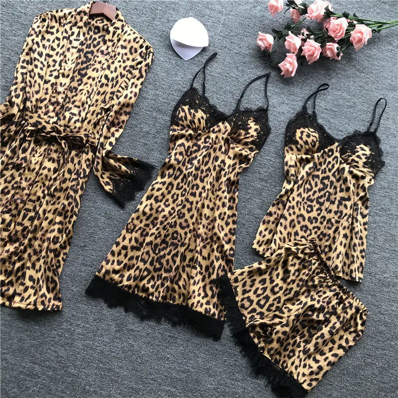 SAPJON, пижамы с леопардовым принтом для женщин, кружевное сексуальное женское белье, шелковые пижамные комплекты, женская летняя Пижама